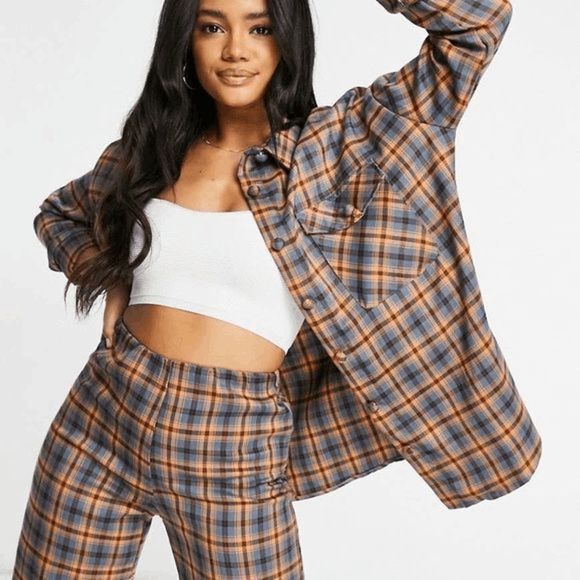 Urban Outfitters Tops - NWT Urban Outfitters Daisy Street Tan Blue Relaxed Plaid Button Down Shirt Size